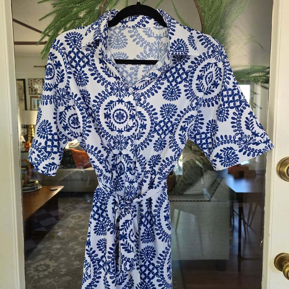 Cupshe Belted Ornate size S Print Romper Blue White